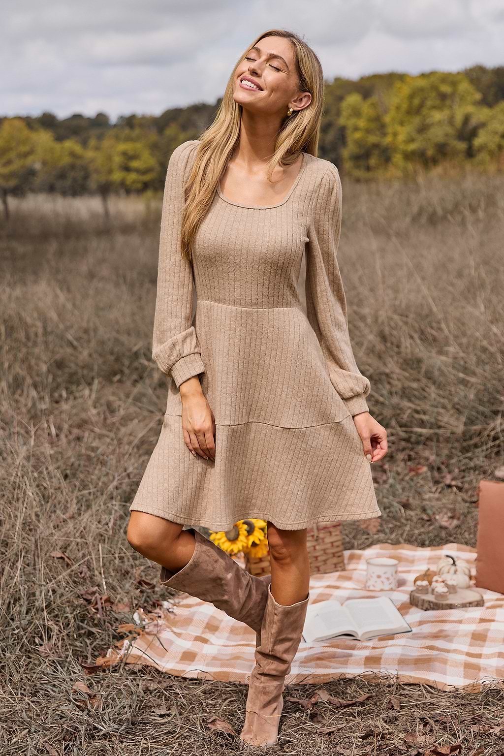 Beige Square Neck Puff Sleeve Mini Knit Dress