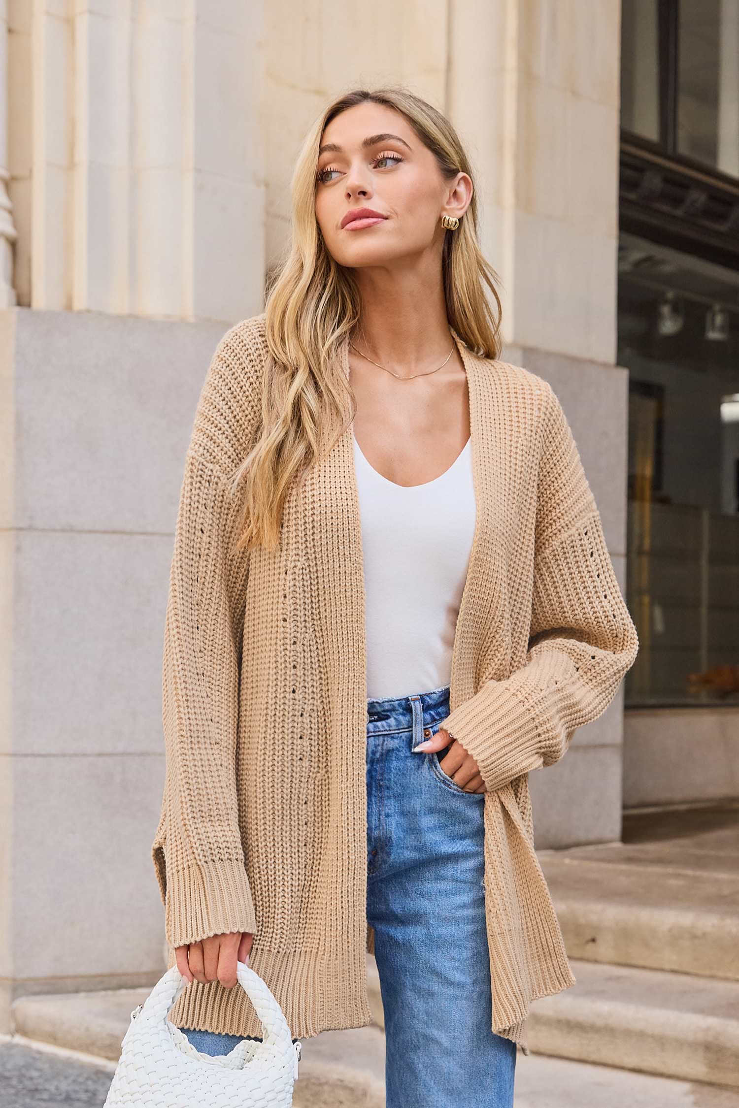 Camel Open Front Long Sleeve Cardigan