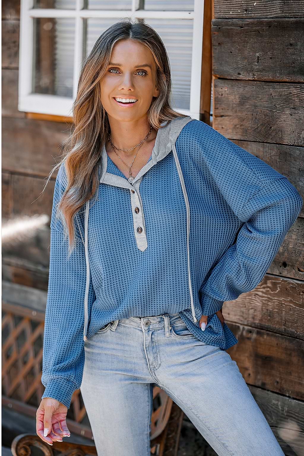 Blue Waffle Knit Long Sleeve Hoodie