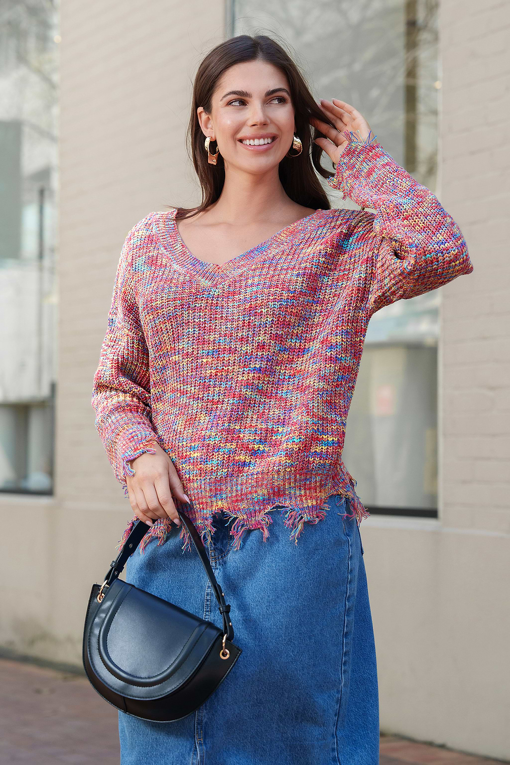 Ribbed V-Neck Fringe Sweater
