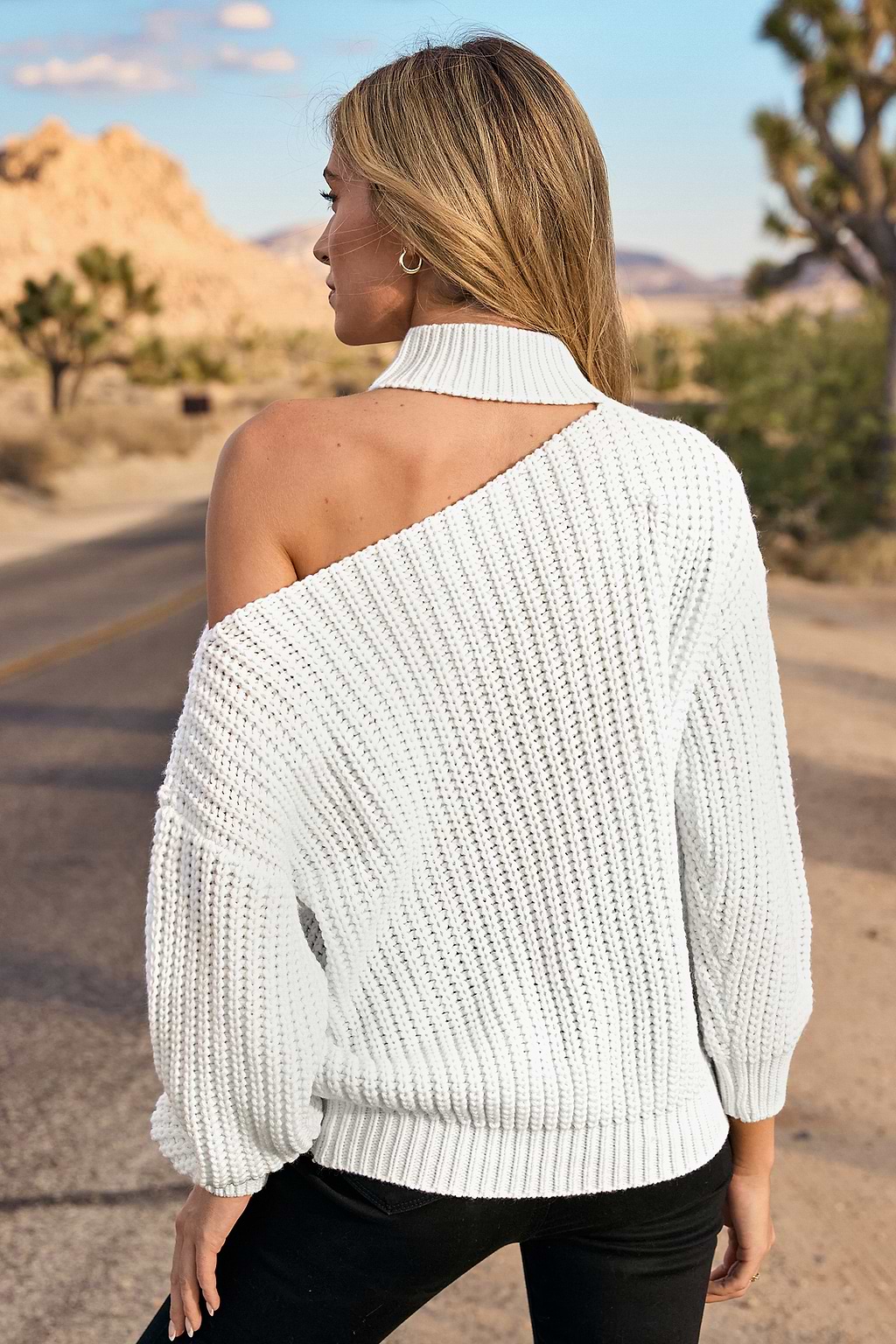 White Cutout Long Sleeve Mockneck Sweater