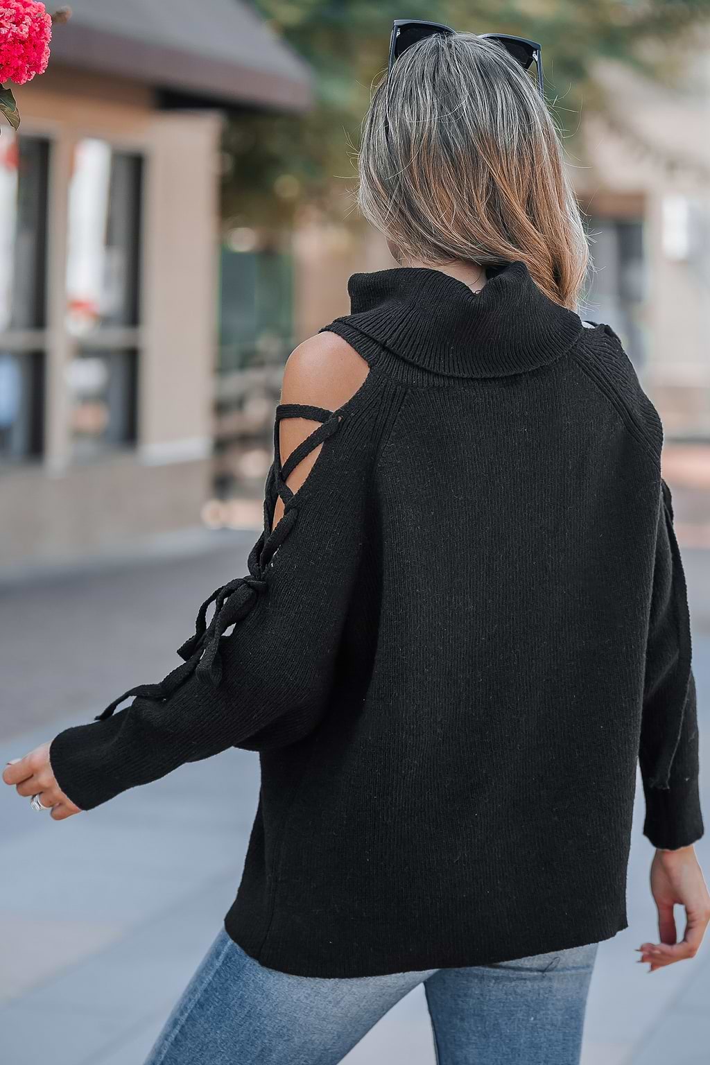 Black Cutout Long Sleeve Turtleneck Sweater