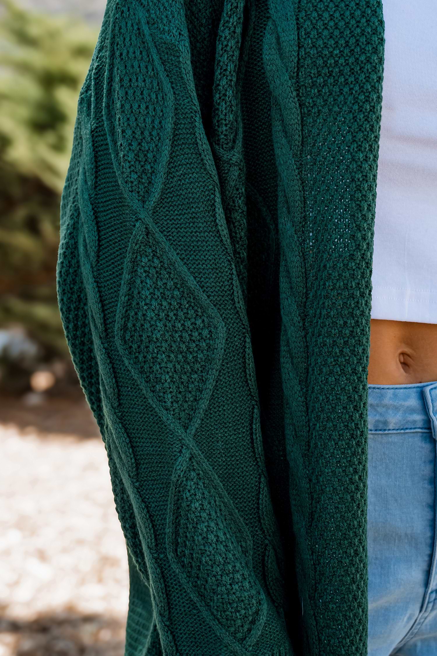 Green Open Front Long Sleeve Cable Knit Cardigan