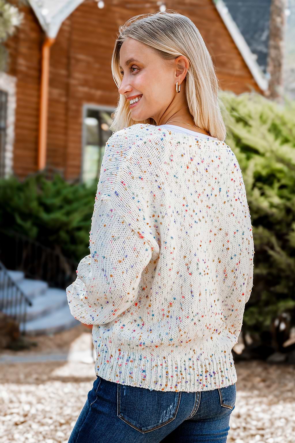 Confetti Knit Front Button Long Sleeve Cardigan