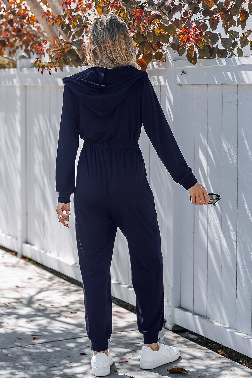 Blue Hooded Long Sleeve Tapered Leg Jumpsuit