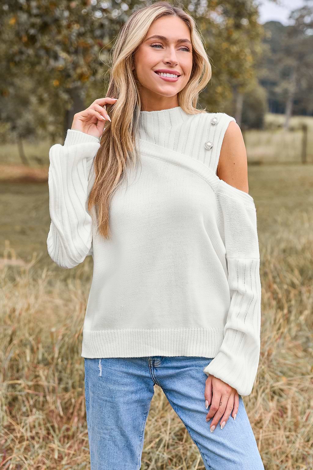 White Knit Off-Shoulder Mockneck Sweater Top