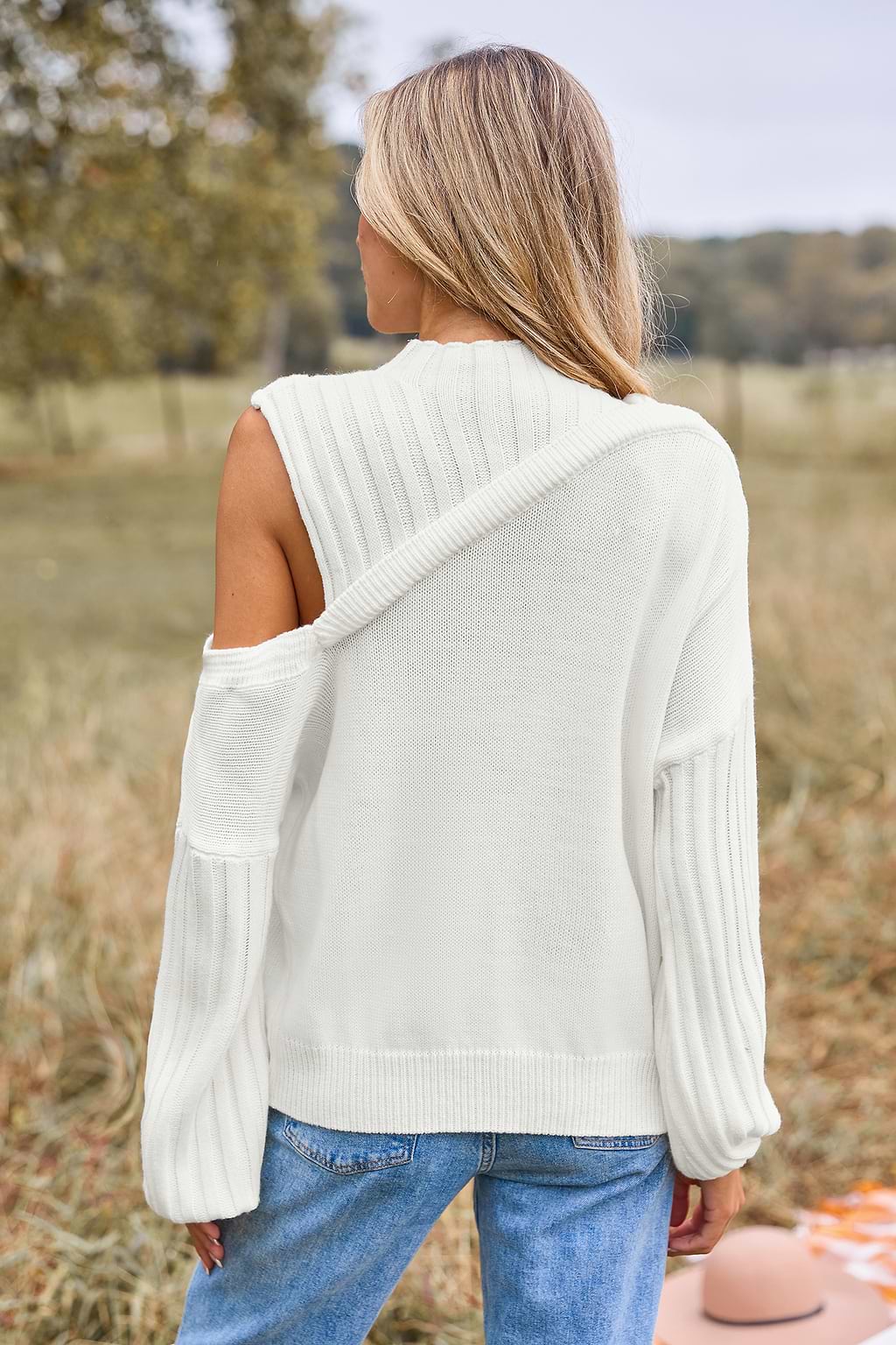 White Knit Off-Shoulder Mockneck Sweater Top