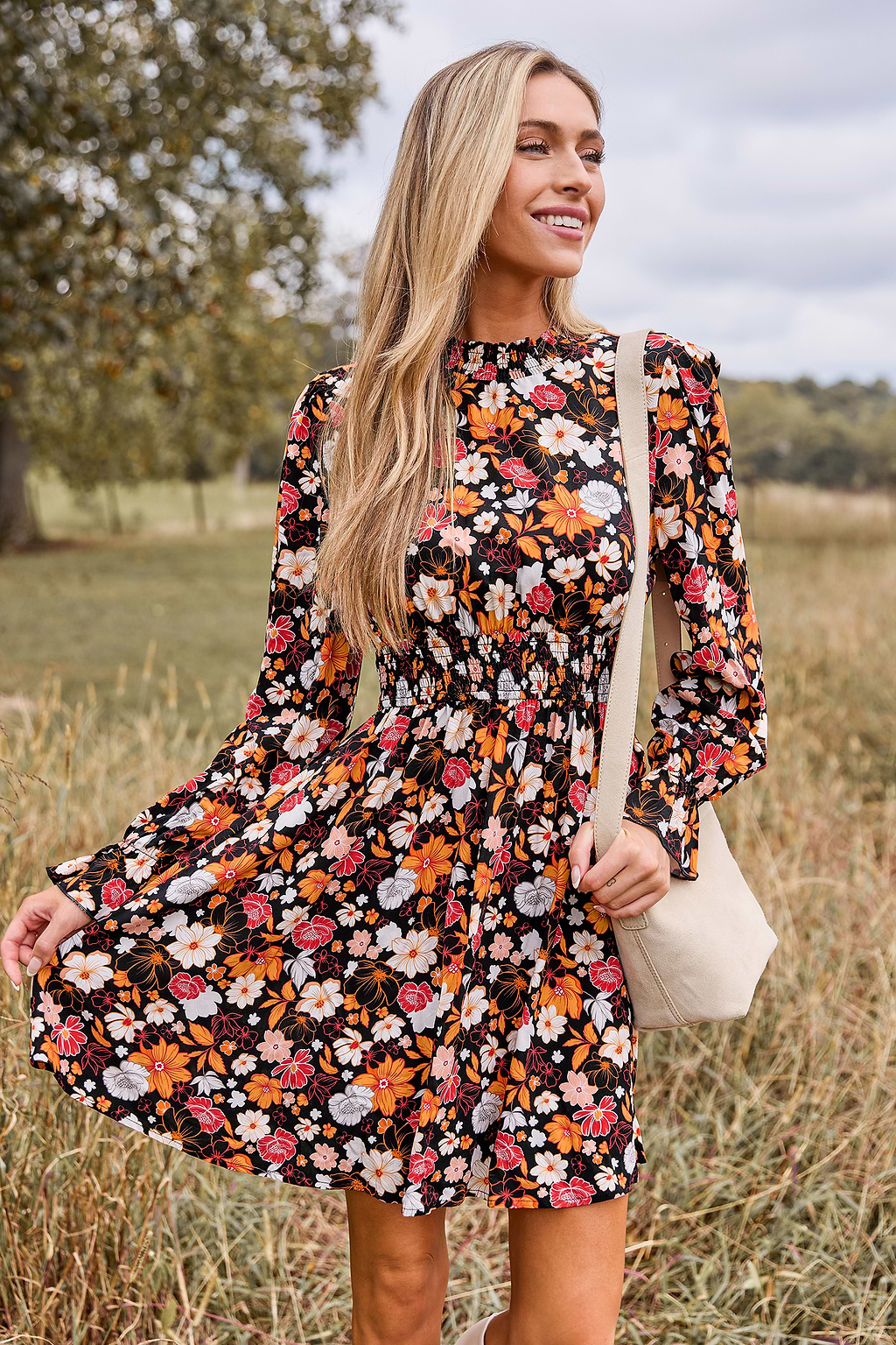 Retro Floral Smocked Waist Poet Sleeve Mini Dress