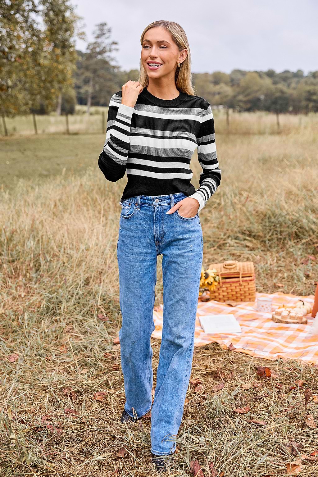 Black & Grey Striped Long Sleeve Tee