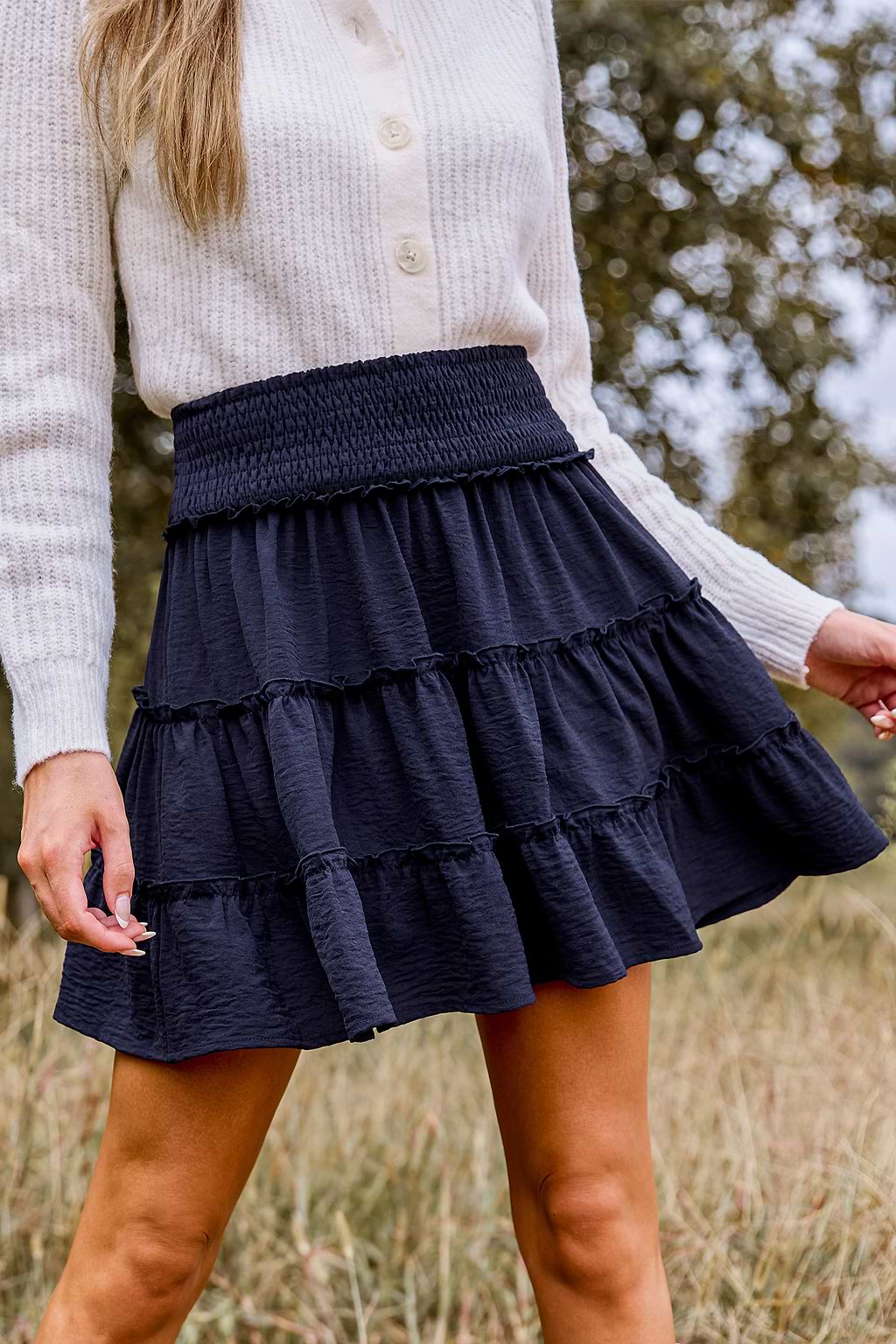 Navy Smocked Waist Micro-Ruffle Mini Skirt