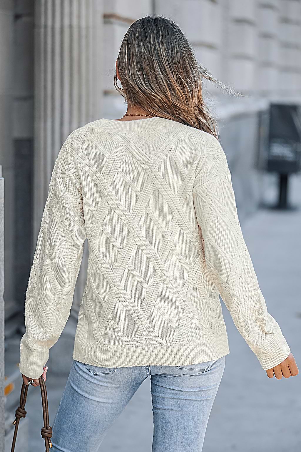 Beige Geo Round Neck Long Sleeve Sweater