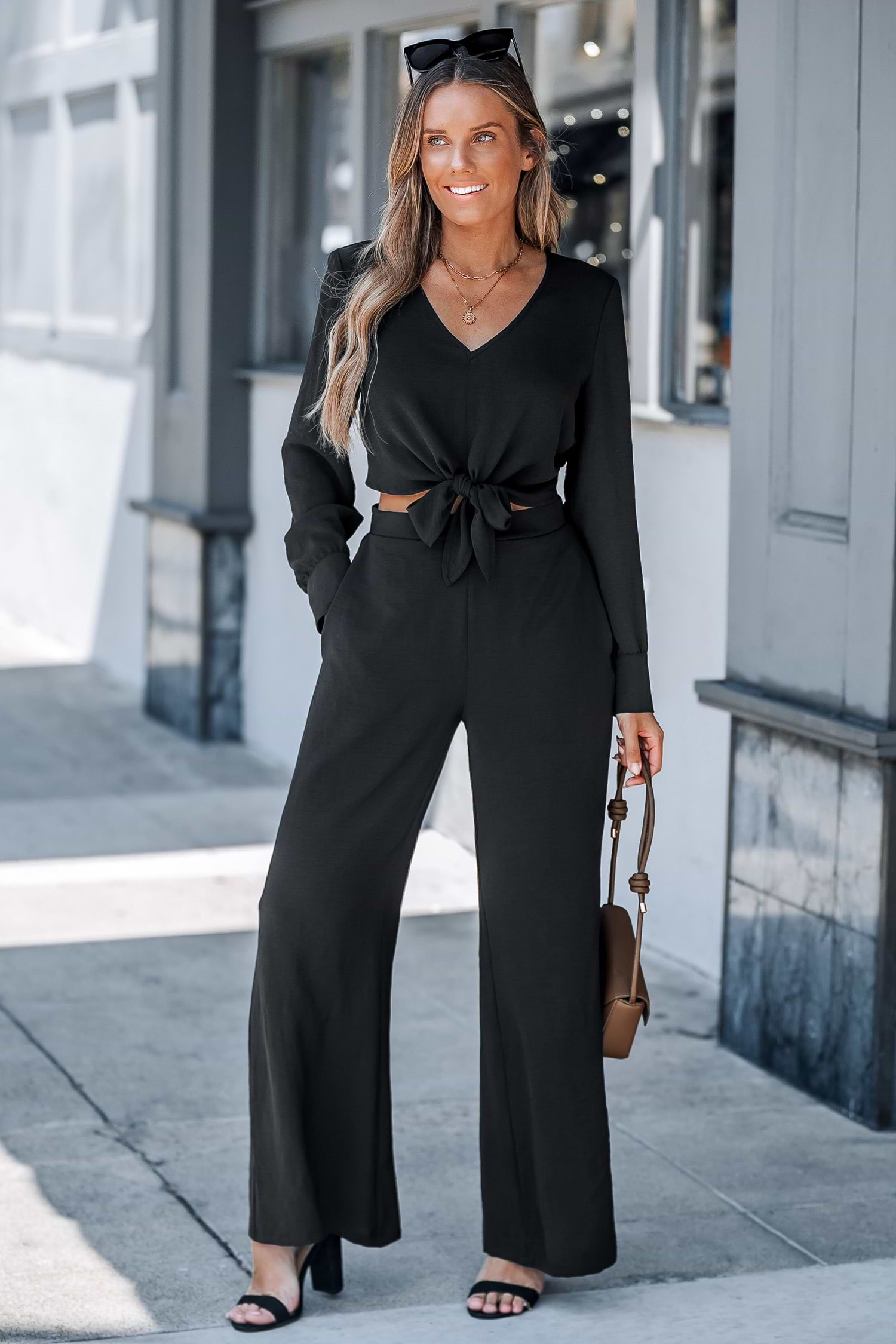 Black Long Sleeve Top & Wide Leg Pants Set