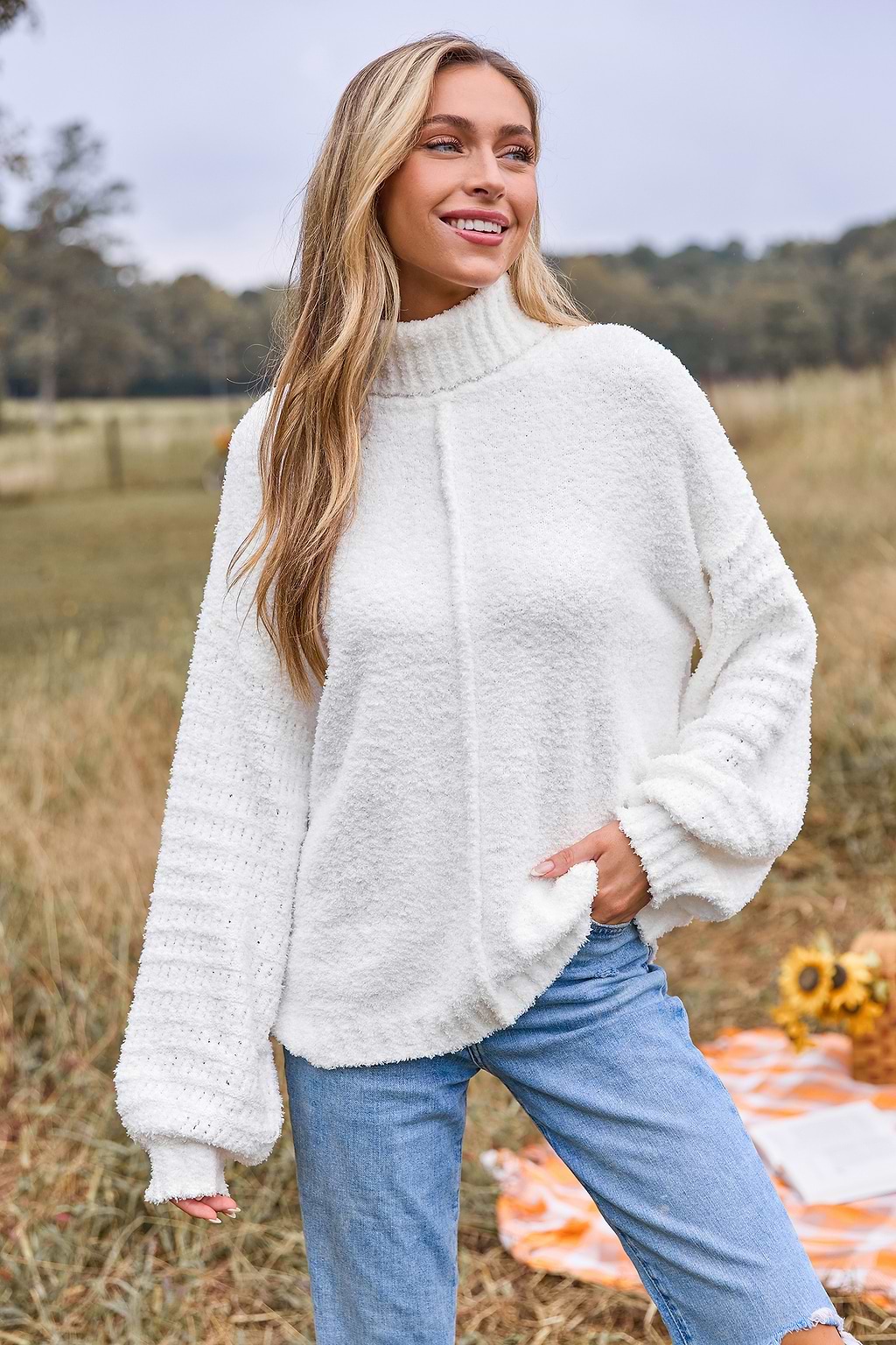 White Knit Drop Shoulder Long Sleeve Turtleneck Sweater