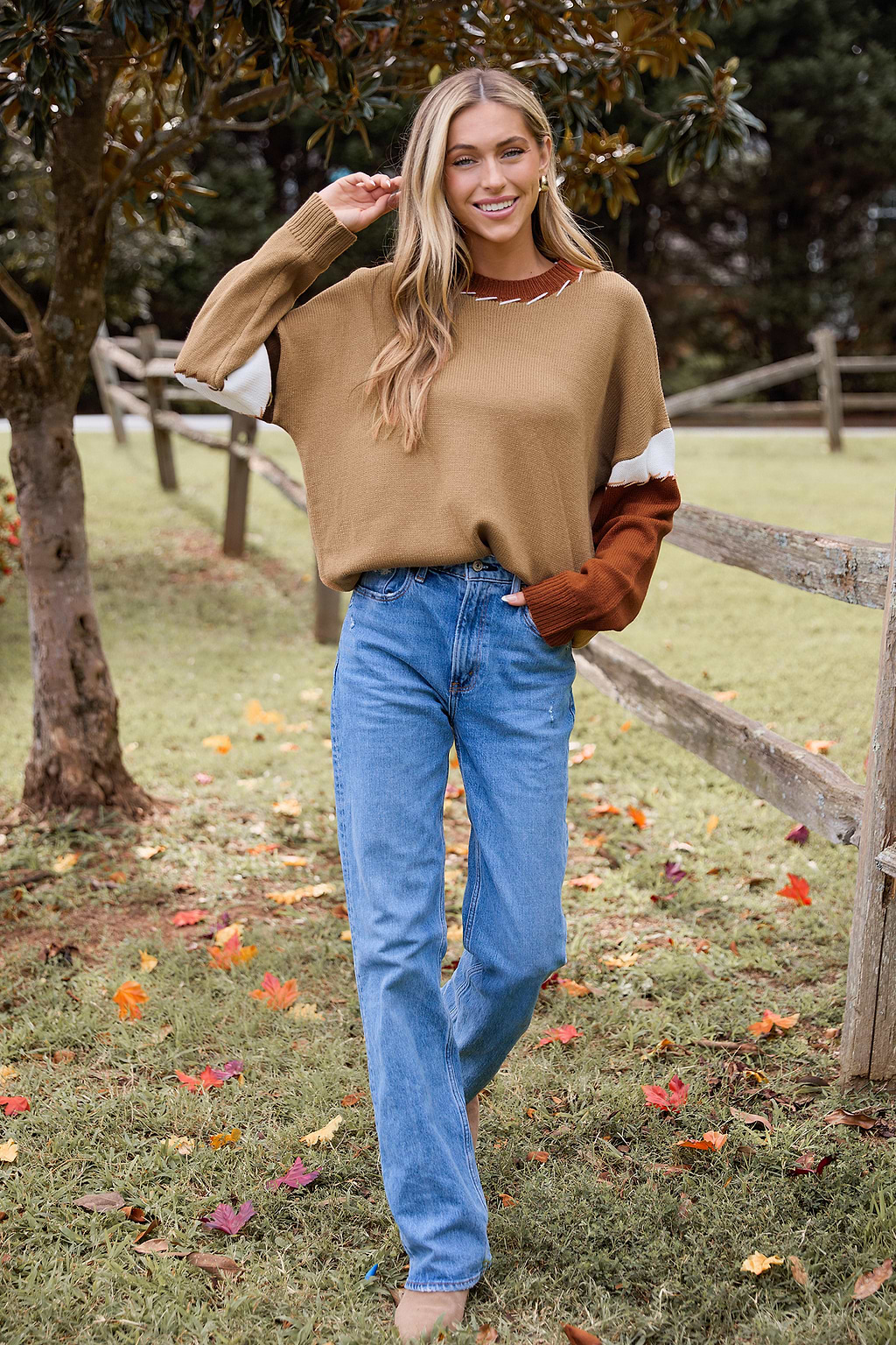 Burnt Orange & Brown Colorblock Long Sleeve Sweater