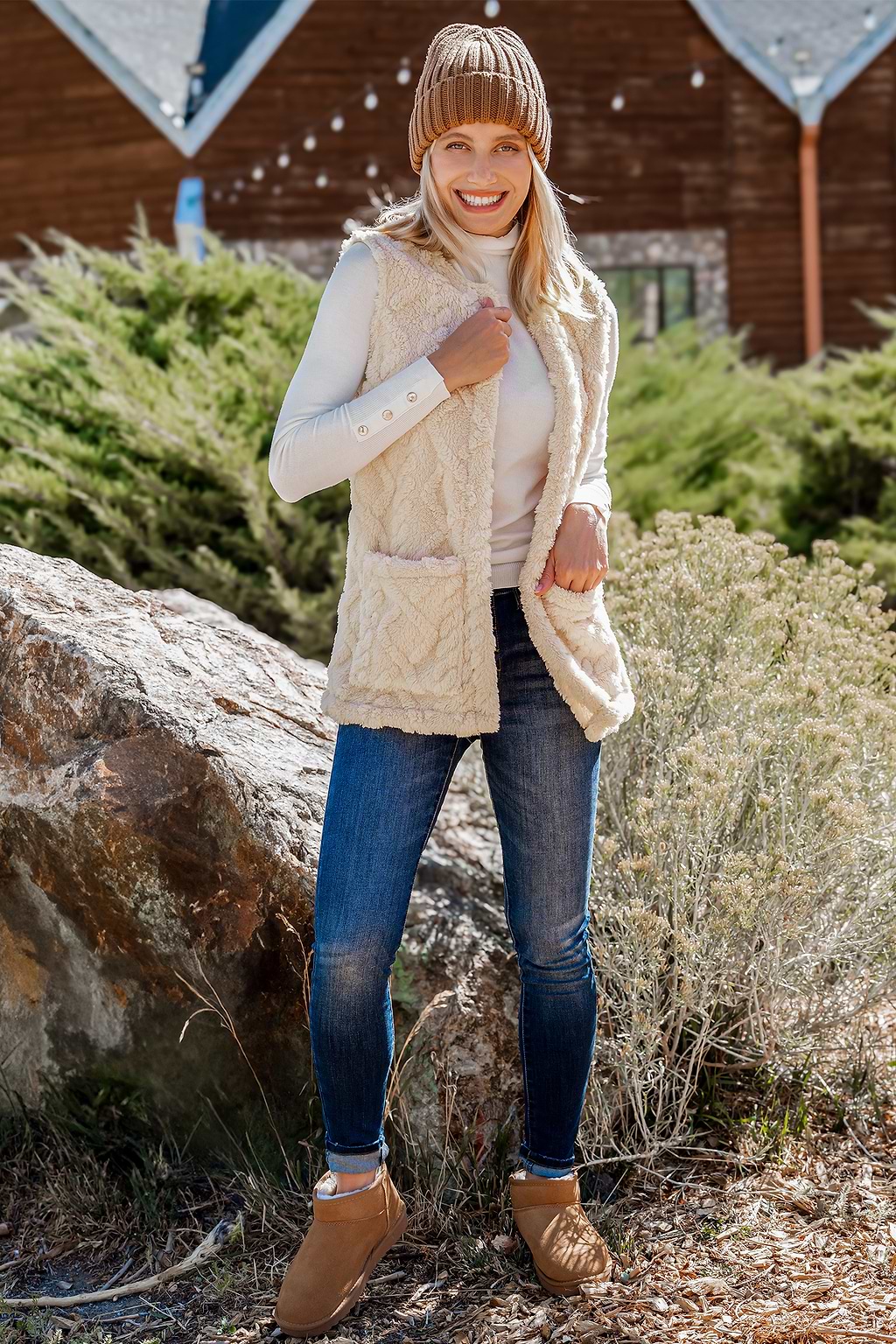 Beige Faux Fur Patch Pocket Vest