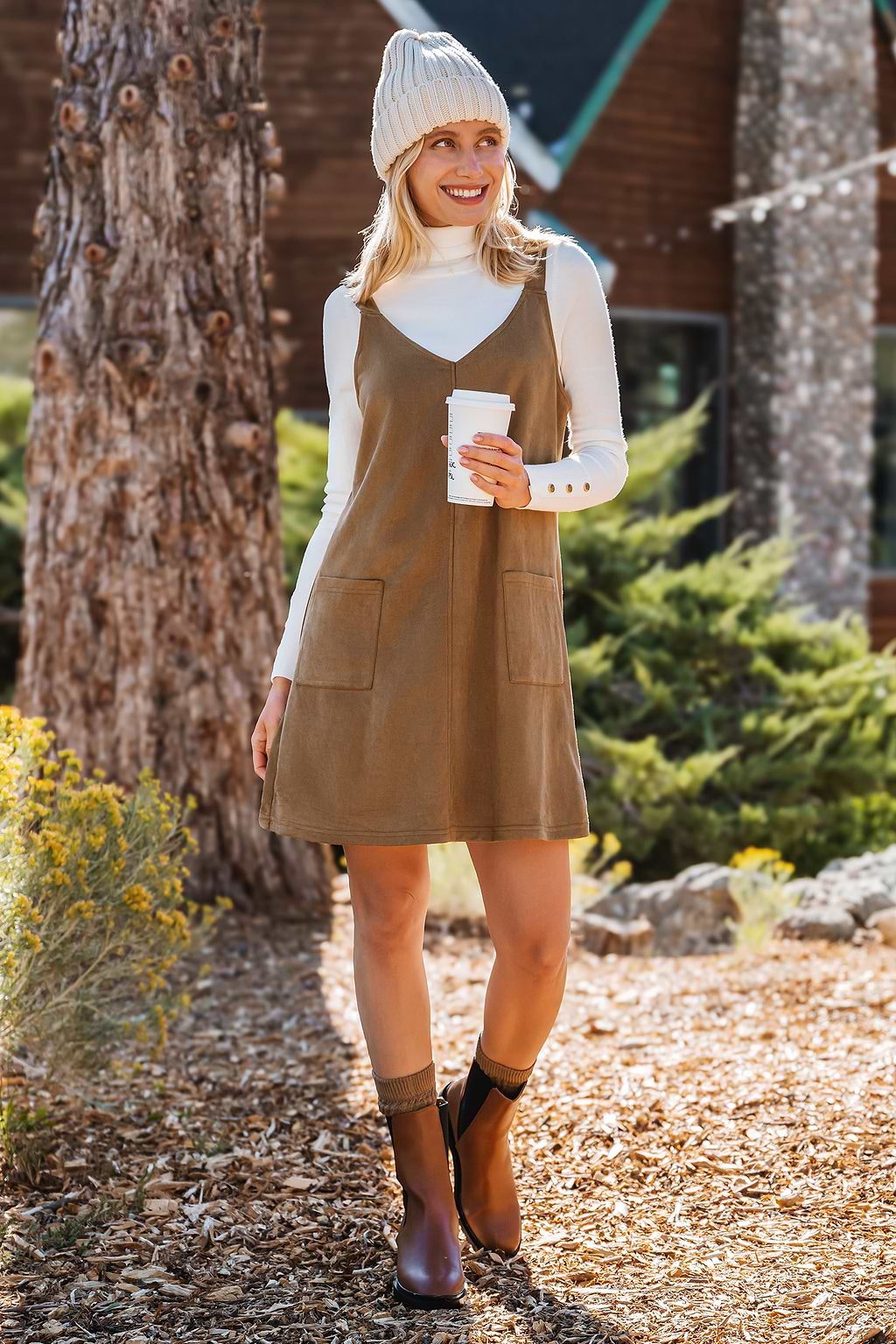 Brown Faux Suede Sleeveless V-Neck Mini Dress