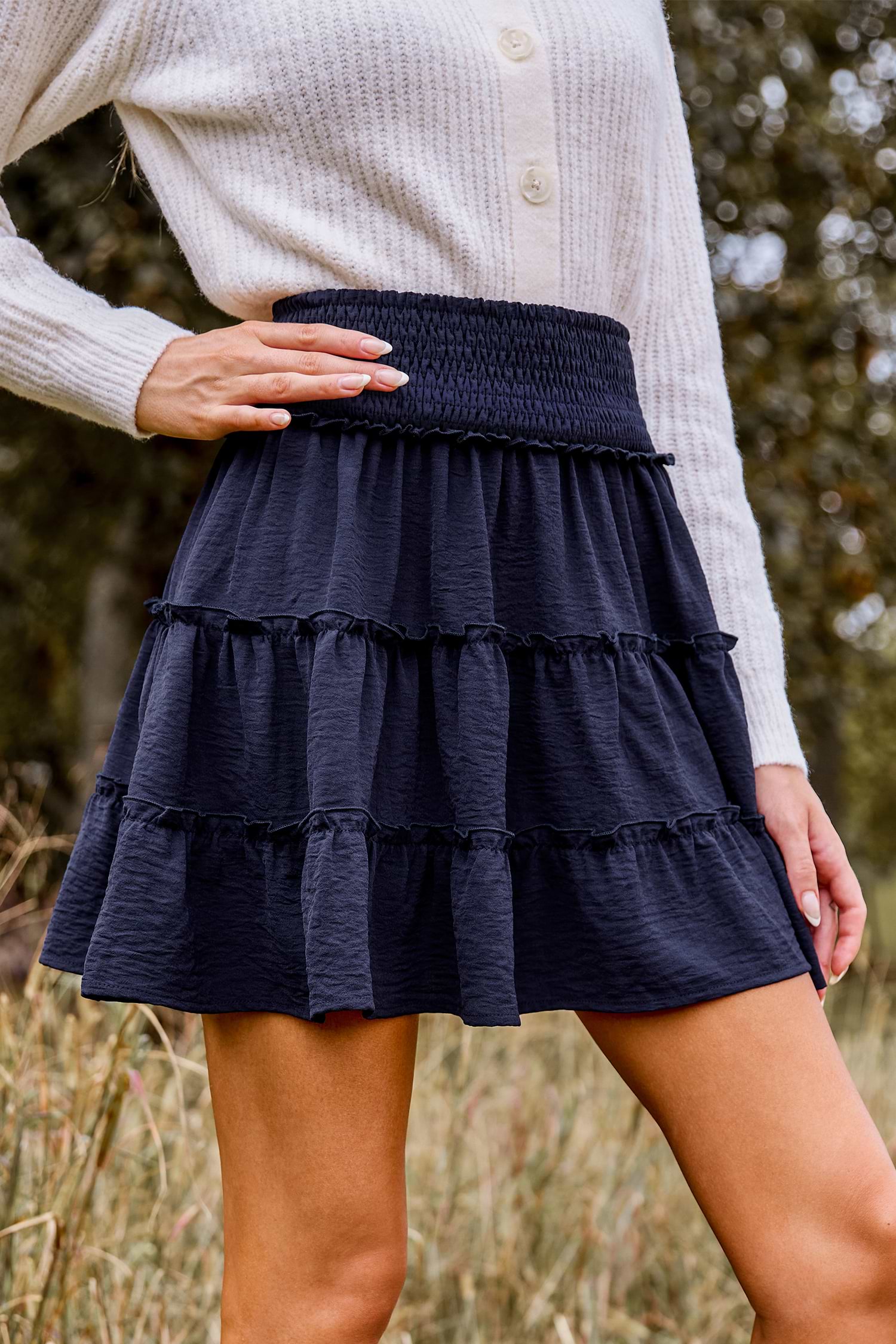 【海外限定】REISSスカート☆Navy Robin Ruffle-Hem Mini Skirt New REISS Jenny Feather Printed Mini Skirt - Navy Blue - US