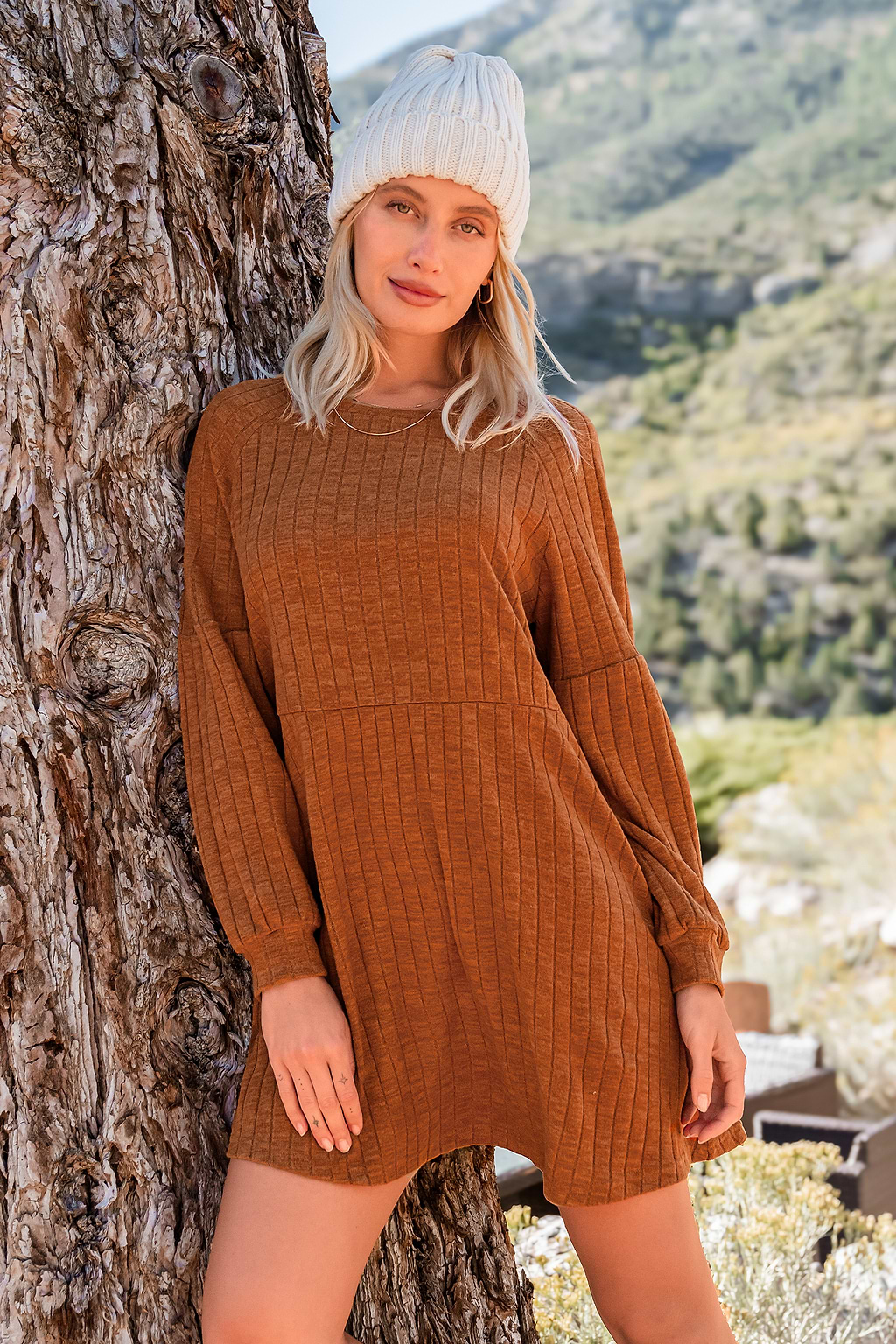 Burnt Orange Round Neck Long Sleeve Mini Jersey Dress