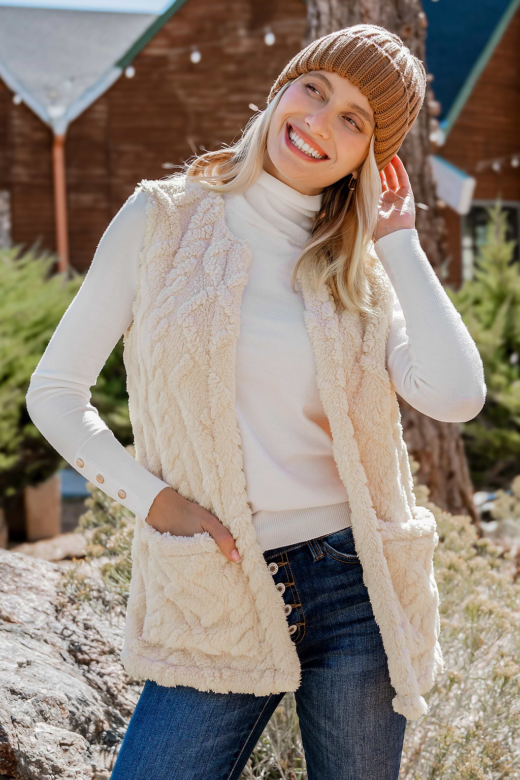 Beige Faux Fur Patch Pocket Vest