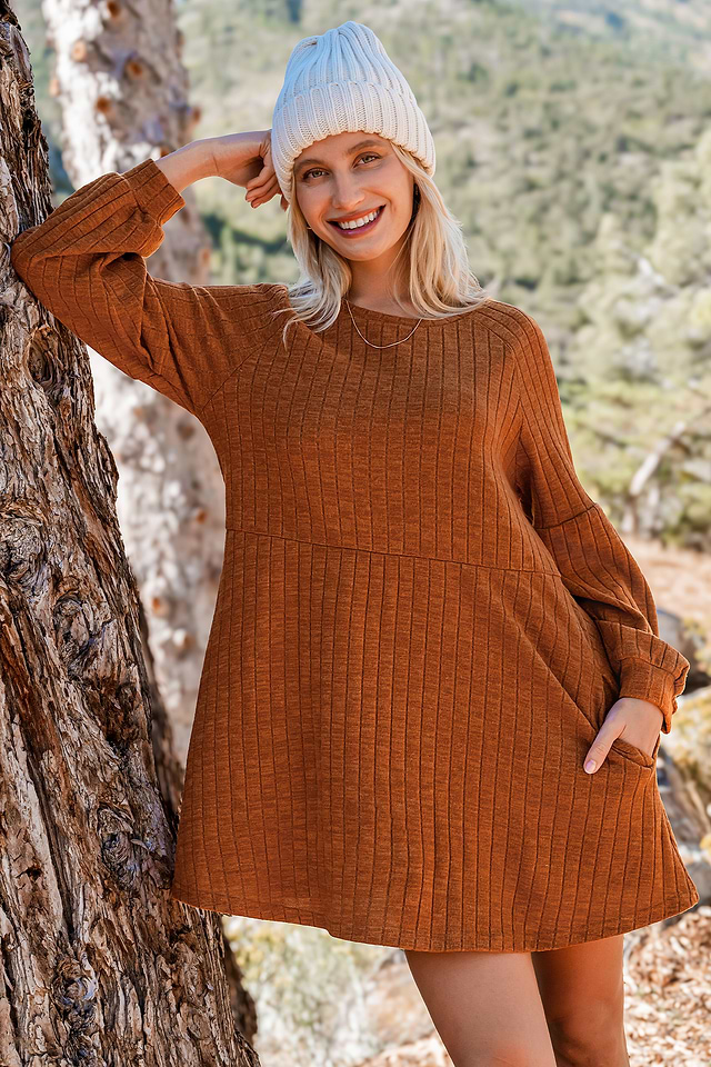 Burnt Orange Round Neck Long Sleeve Mini Jersey Dress