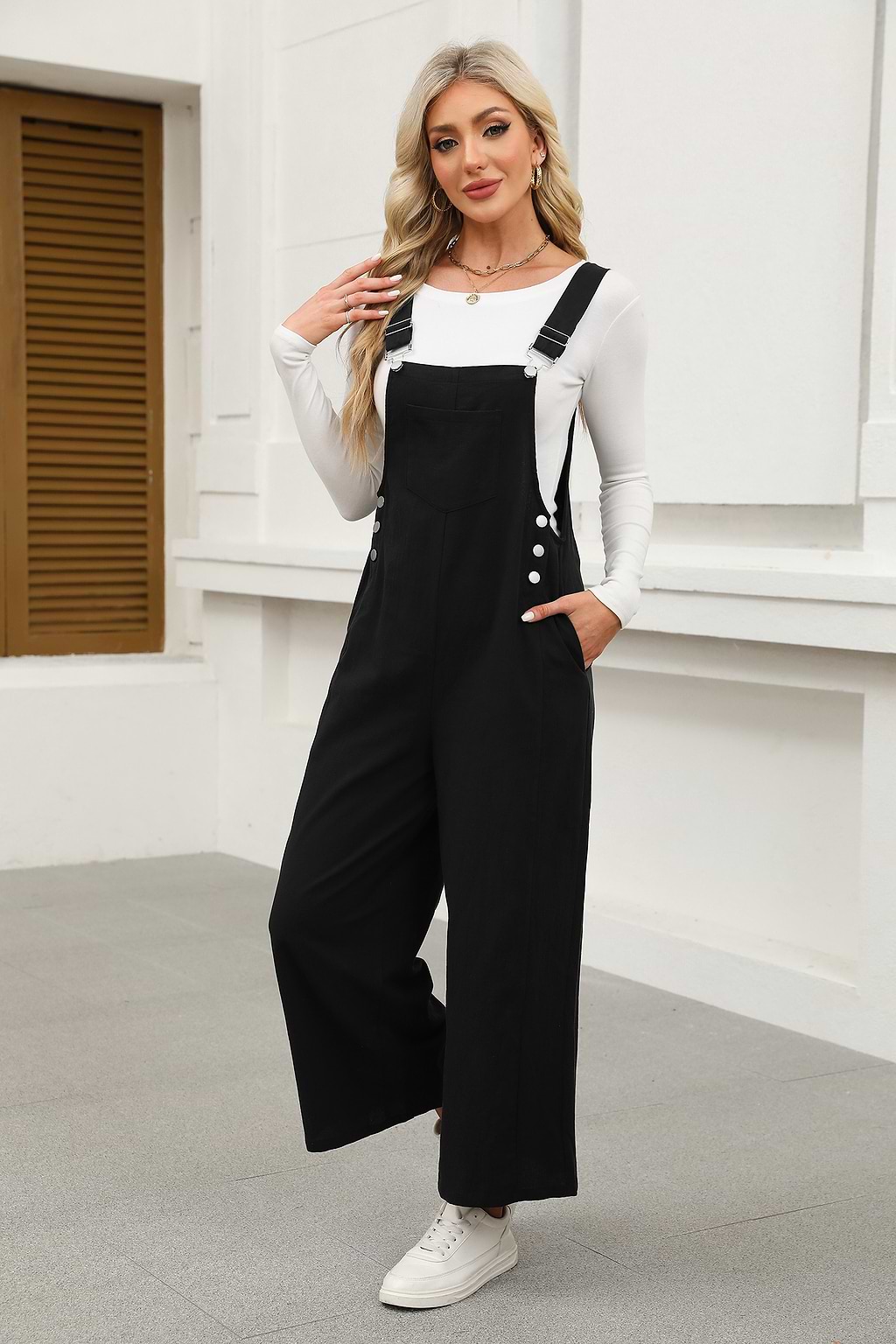 Black Square Neck Straight Leg Overalls