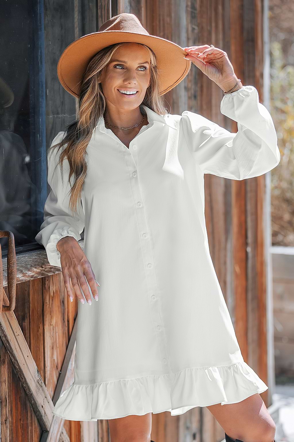 White Collared Puff Sleeve Mini Shirt Dress