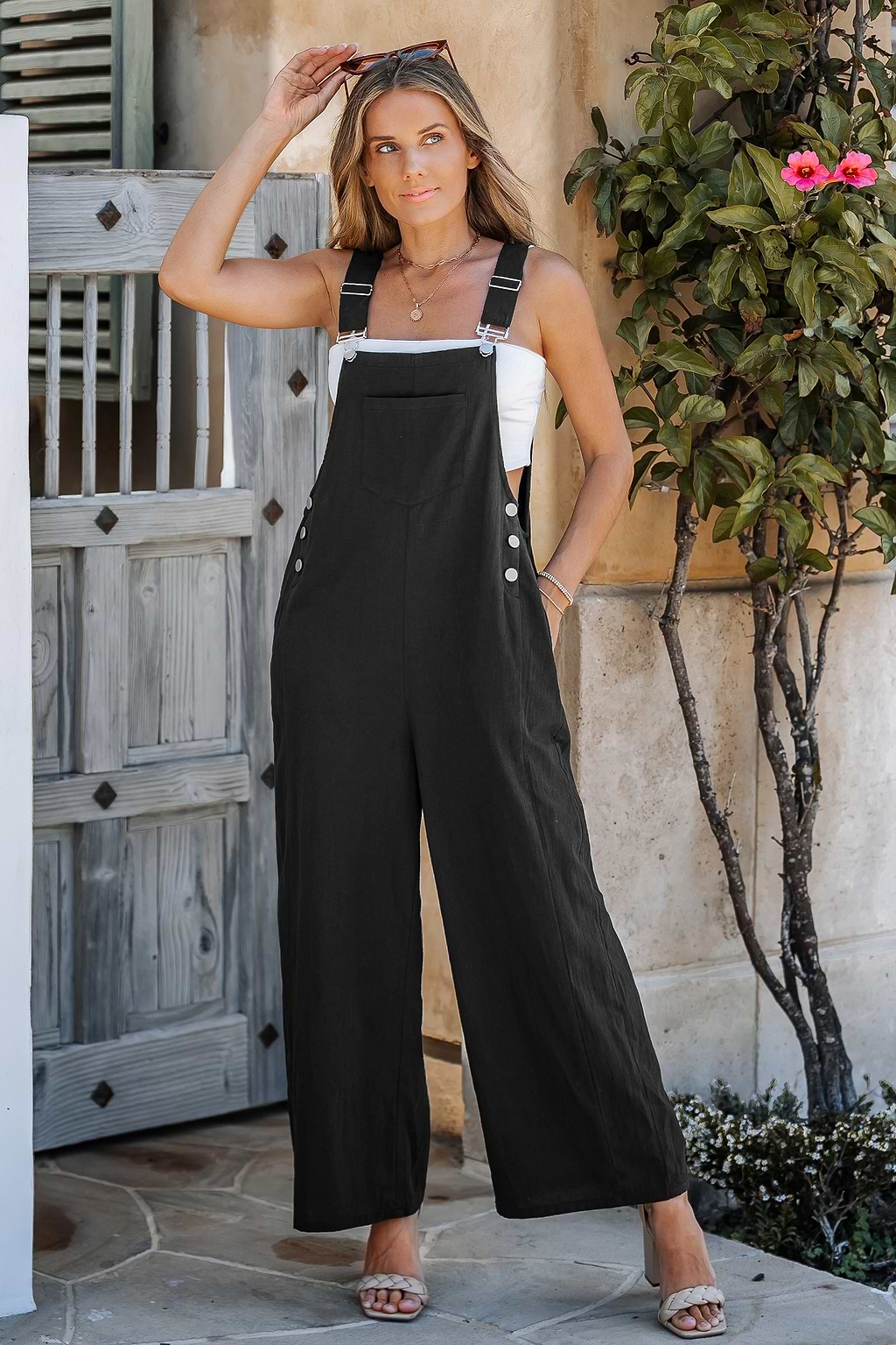 Black Square Neck Straight Leg Overalls