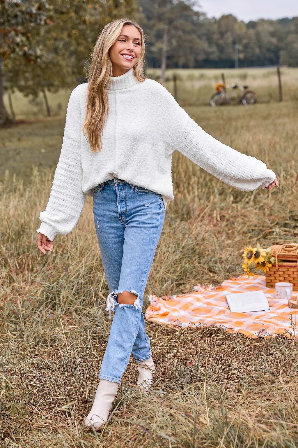 White Knit Drop Shoulder Long Sleeve Turtleneck Sweater