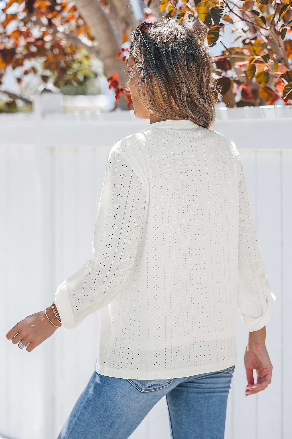 White Eyelet Jersey Split Neck Long Sleeve Top