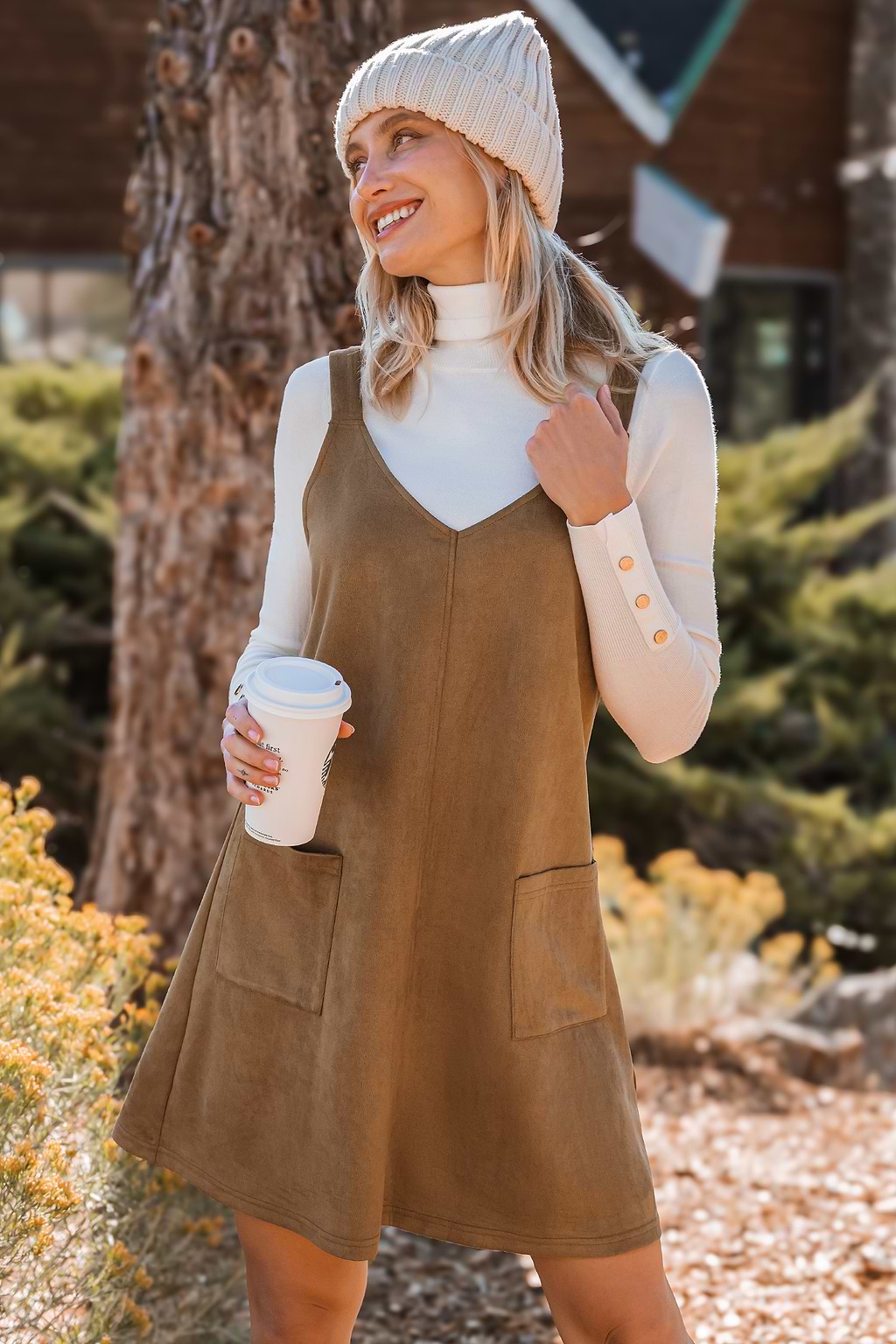 Brown Faux Suede Sleeveless V-Neck Mini Dress