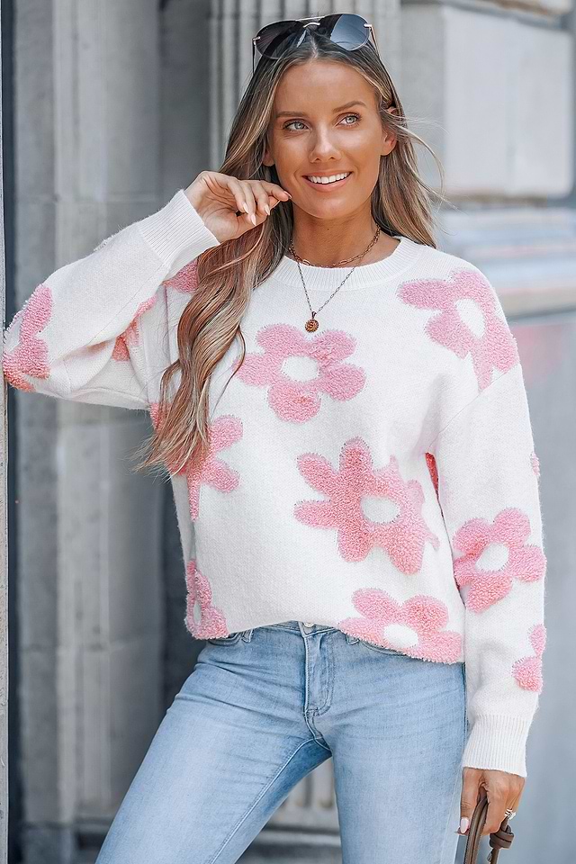 Pull chaud col rond imprimé floral manches longues Beige