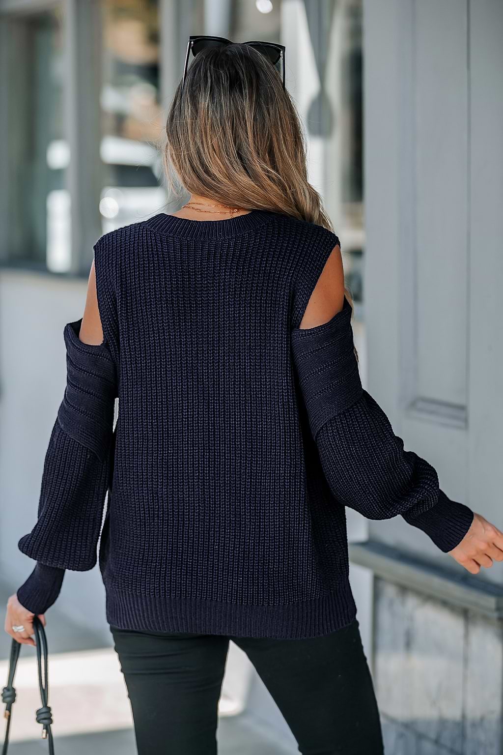 Blue Round Neck Cutout Shoulder Long Sleeve Sweater