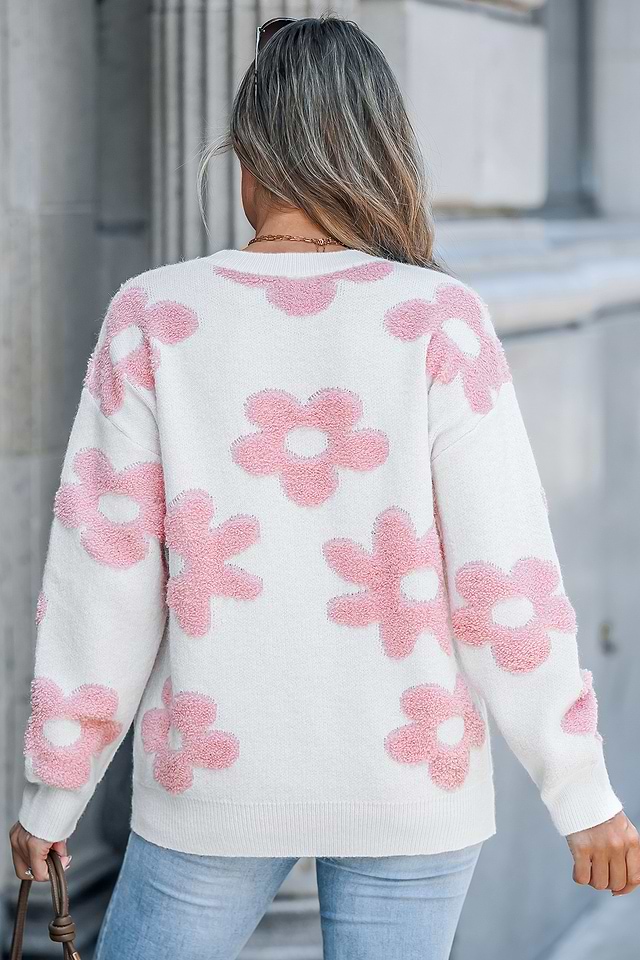 Pink Floral Round Neck Long Sleeve Sweater
