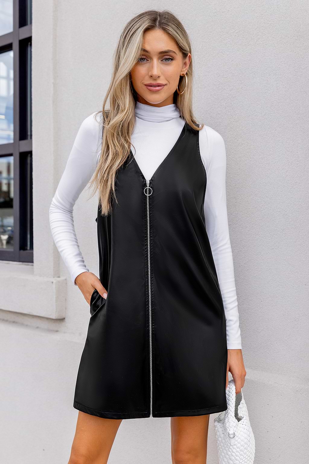 Black Faux Leather Sleeveless Front Zipper Mini Dress