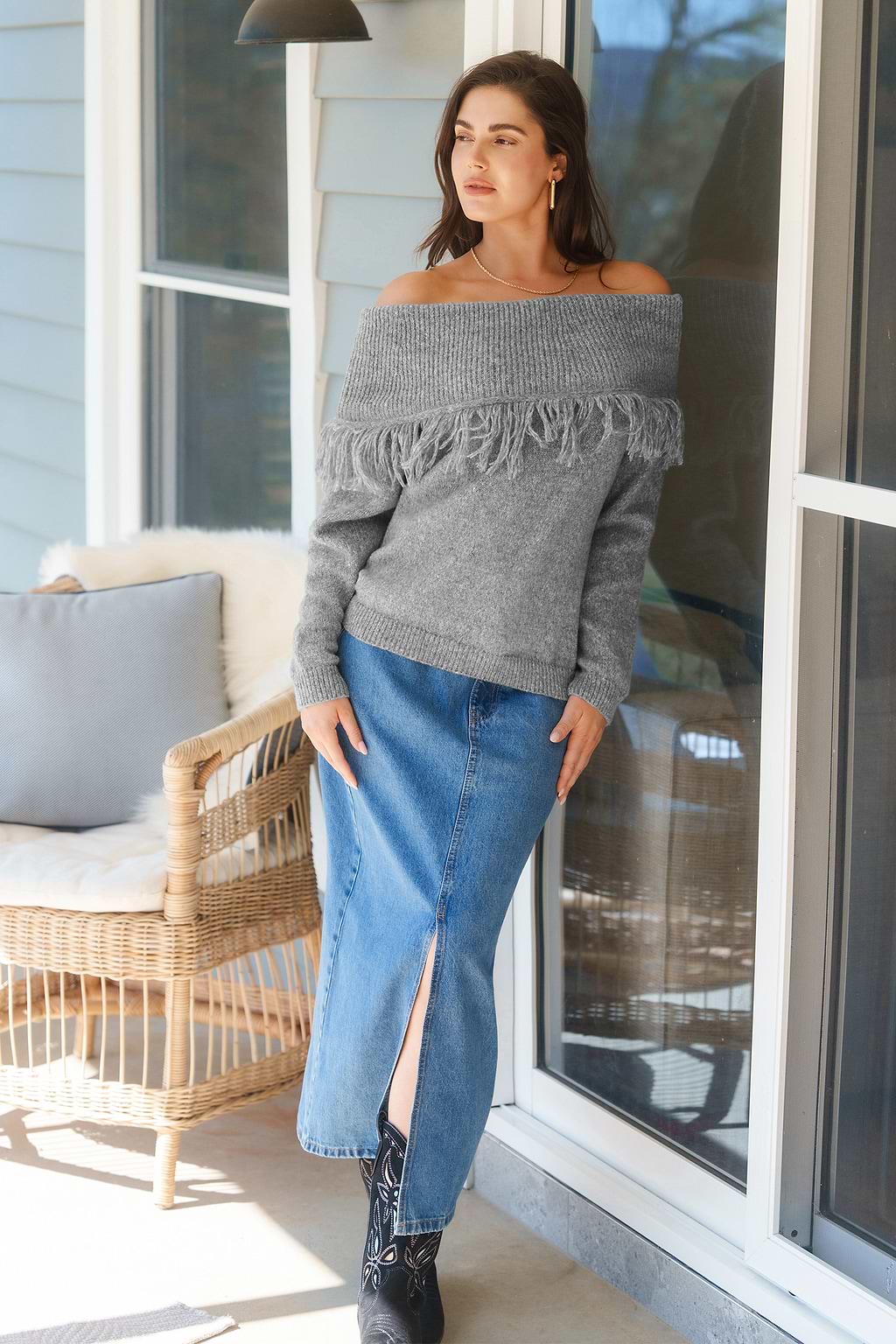 Grey Off-Shoulder Fringe Long Sleeve Sweater