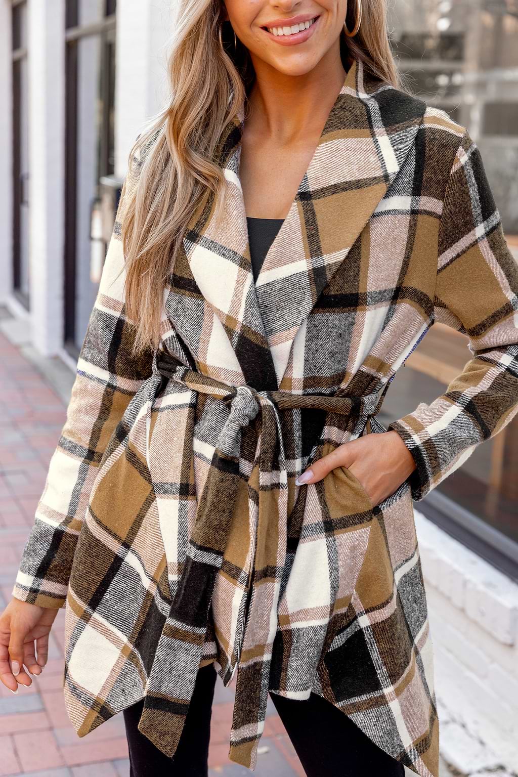 Burnt Orange Plaid Collared Long Sleeve Wrap Jacket