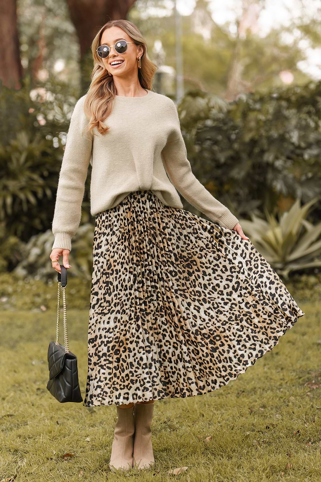 Leopard Pleated Midi Skirt