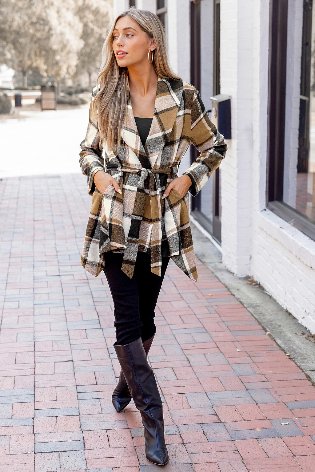 Burnt Orange Plaid Collared Long Sleeve Wrap Jacket