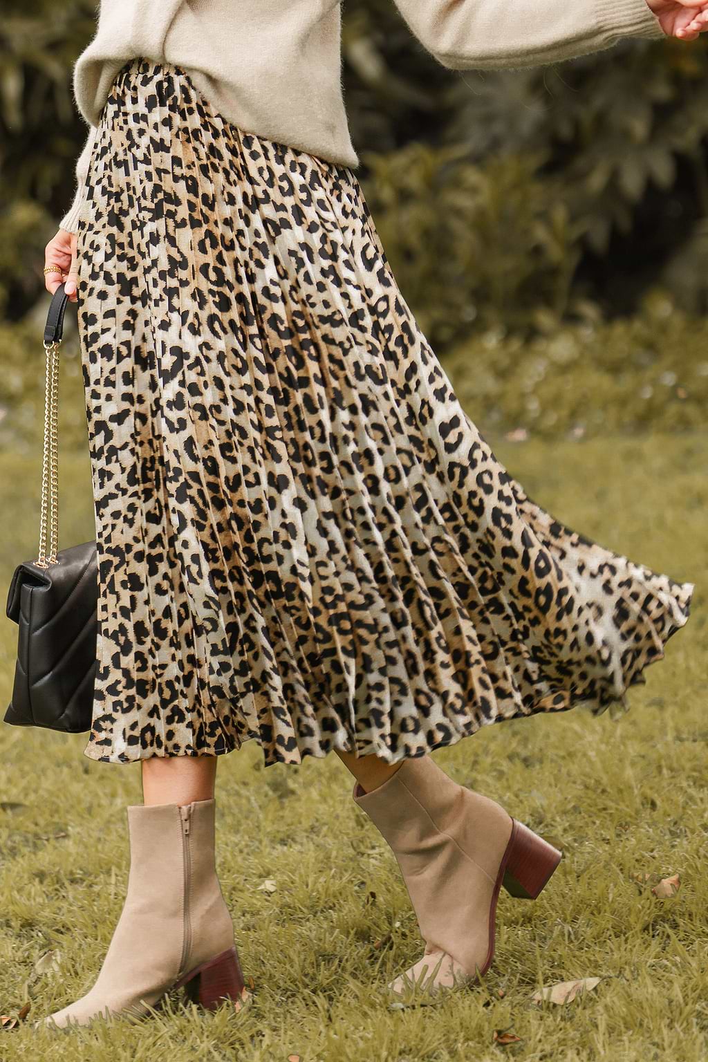 Leopard Pleated Midi Skirt