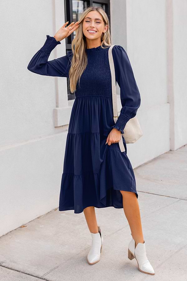 Blue High Neck Long Sleeve Smocked Midi Dress Blue High Neck Long Sleeve Smocked Midi Dress