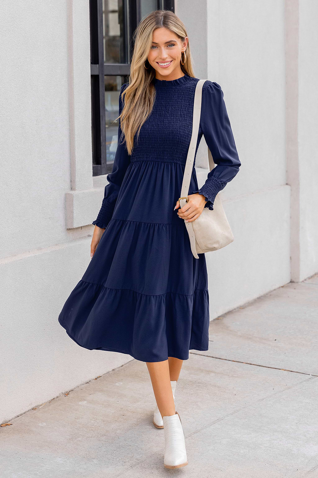 Blue High Neck Long Sleeve Smocked Midi Dress