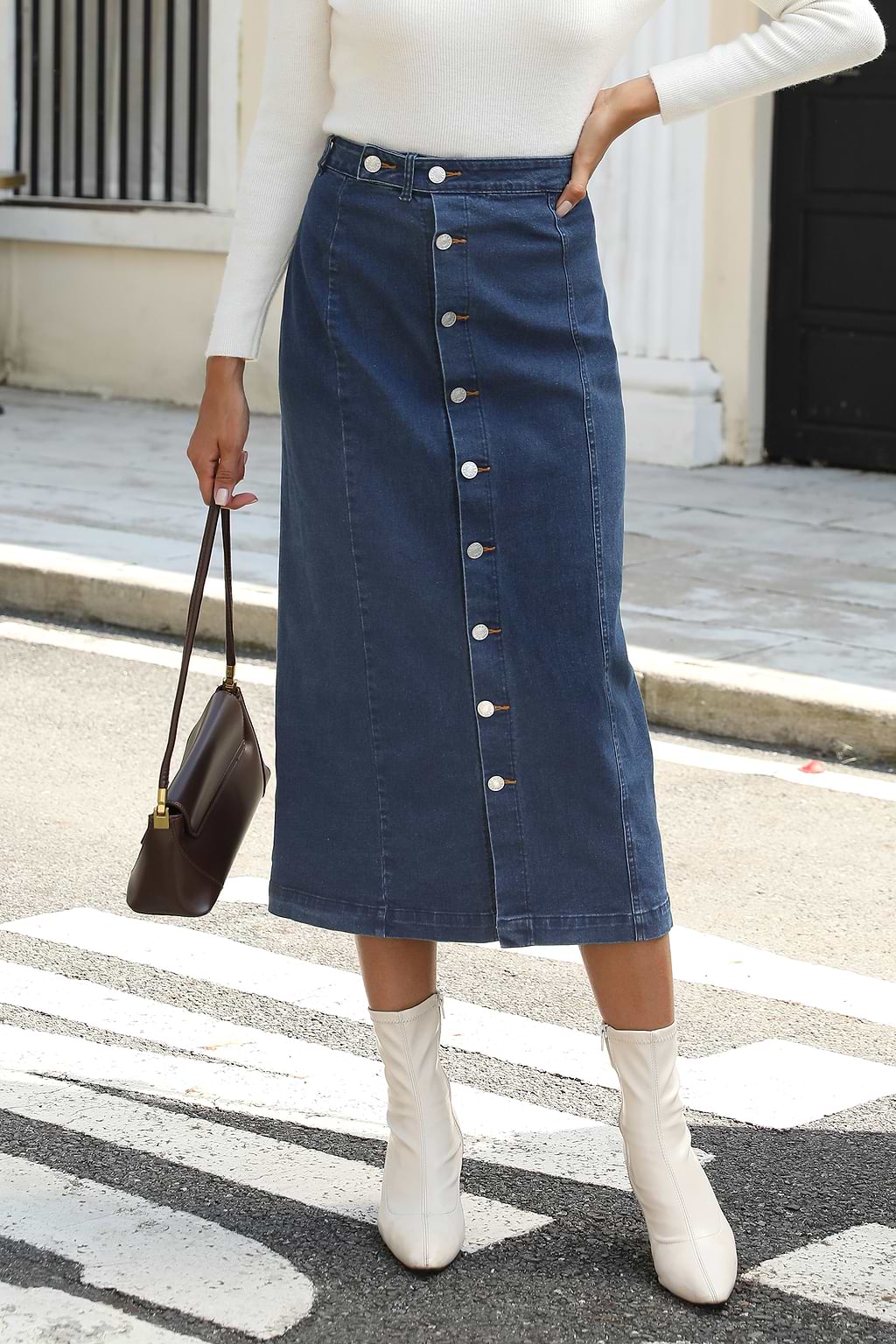 Denim Side Button Midi Skirt