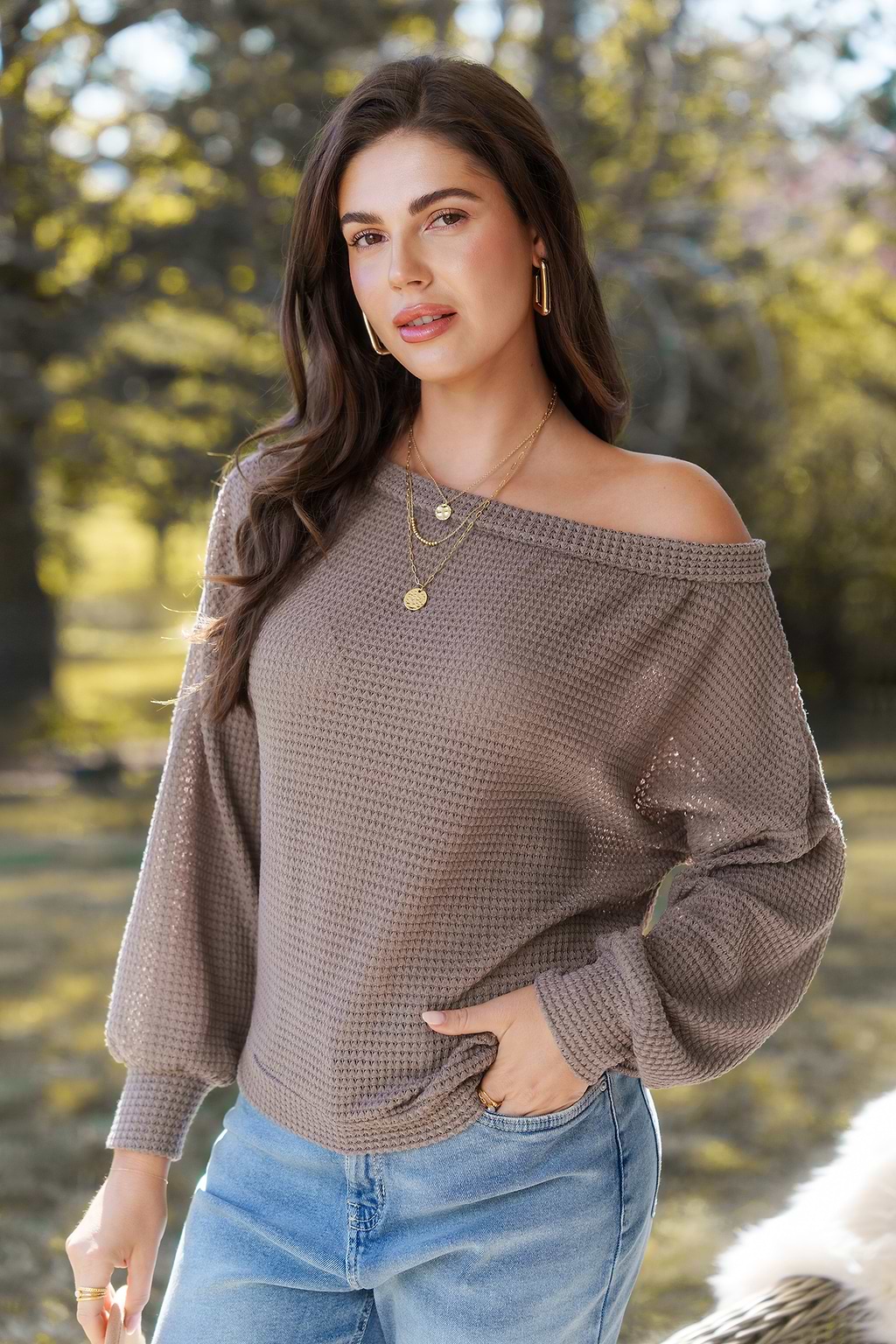 Taupe Off-Shoulder Long Sleeve Top