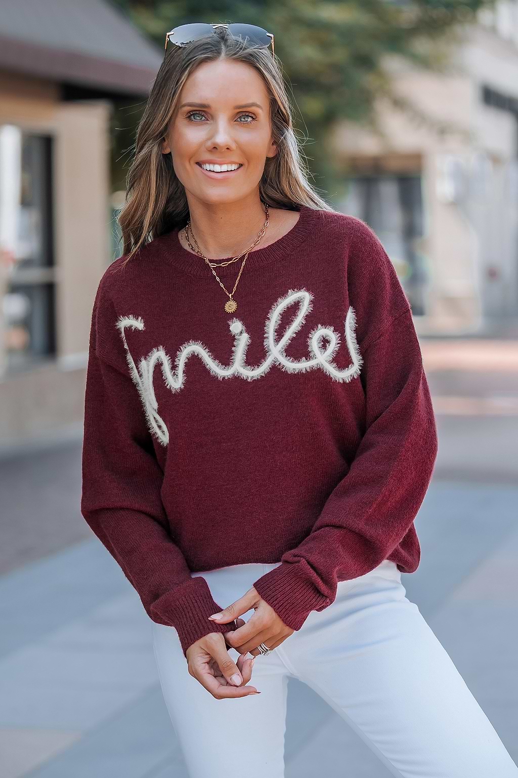 Red Letter Embroidery Round Neck Long Sleeve Sweater