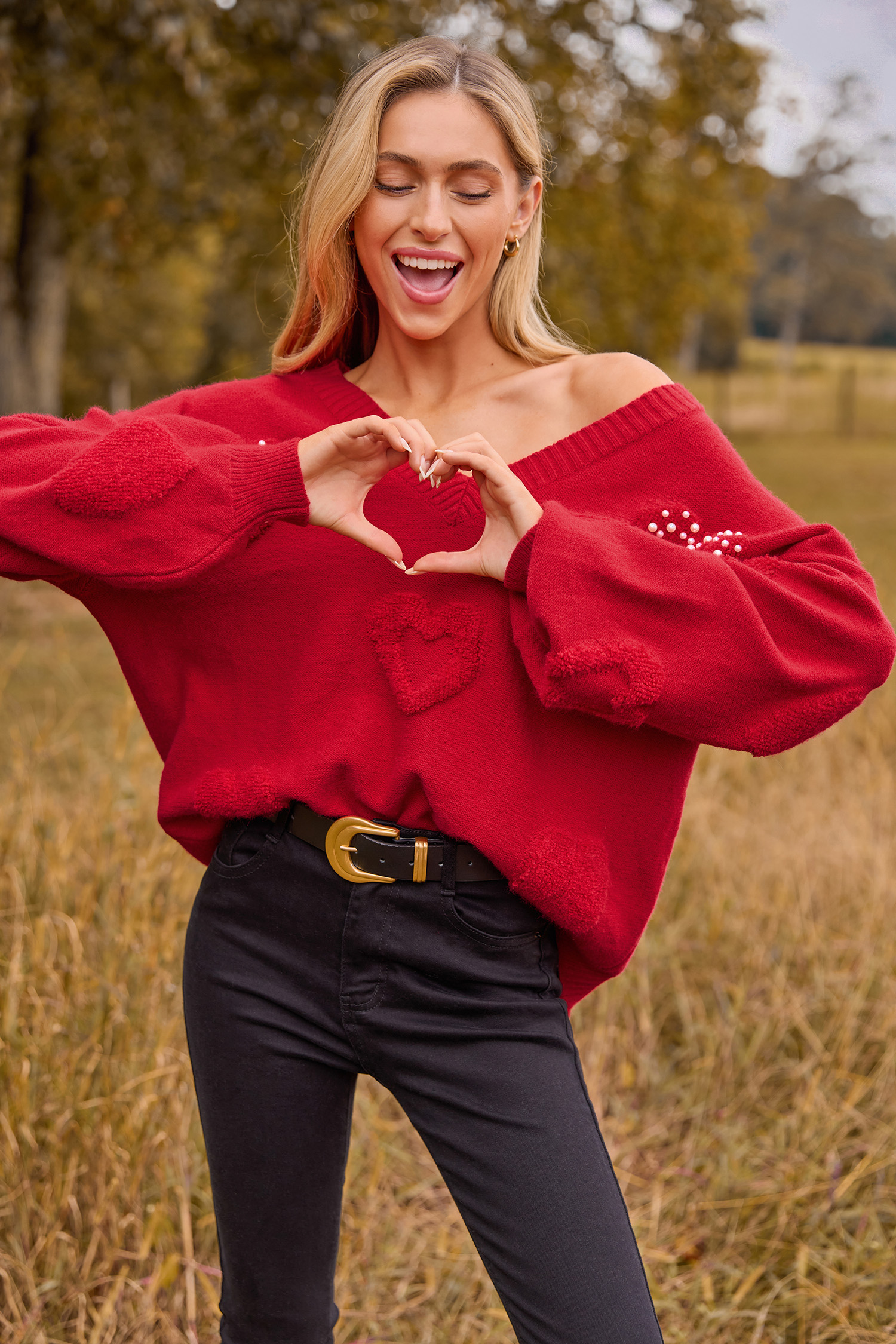 Red Beaded Long Sleeve Sweater
