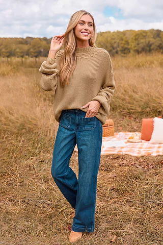 Lange Mouwen Lange Beige Trui Beige Gebreide Trui Met Hoge Hals En