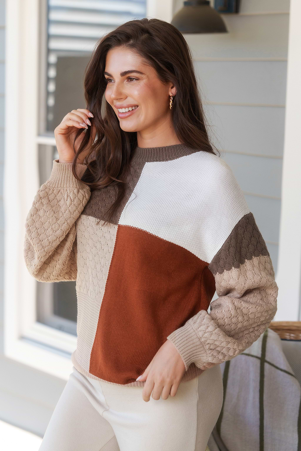 Checkered Colorblock Long Sleeve Sweater