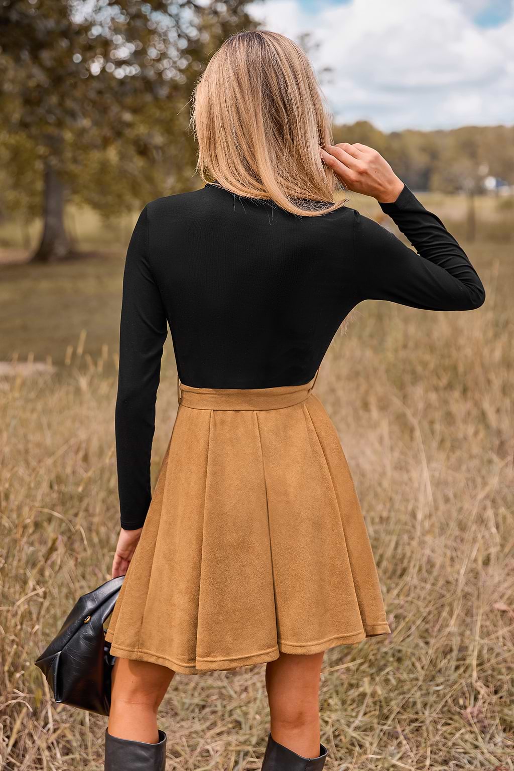 Black Long Sleeve Top Khaki Skirt Mini Dress