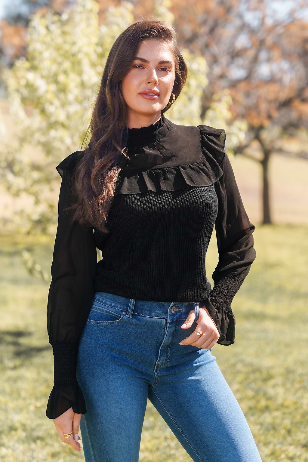 Black Mockneck Ruffled Long Sleeve Blouse