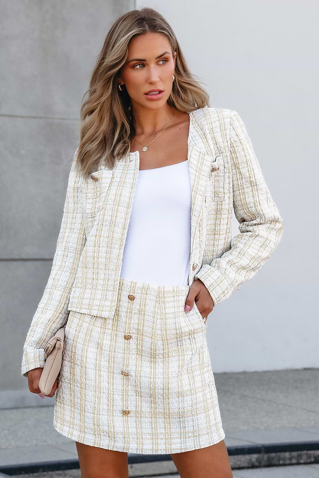 White Long Sleeve Cardigan & Mini Skirt Set